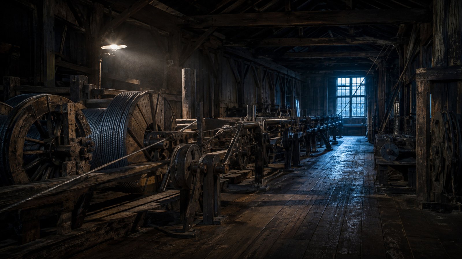 The interior of a nineteenth century ropewalk workshop