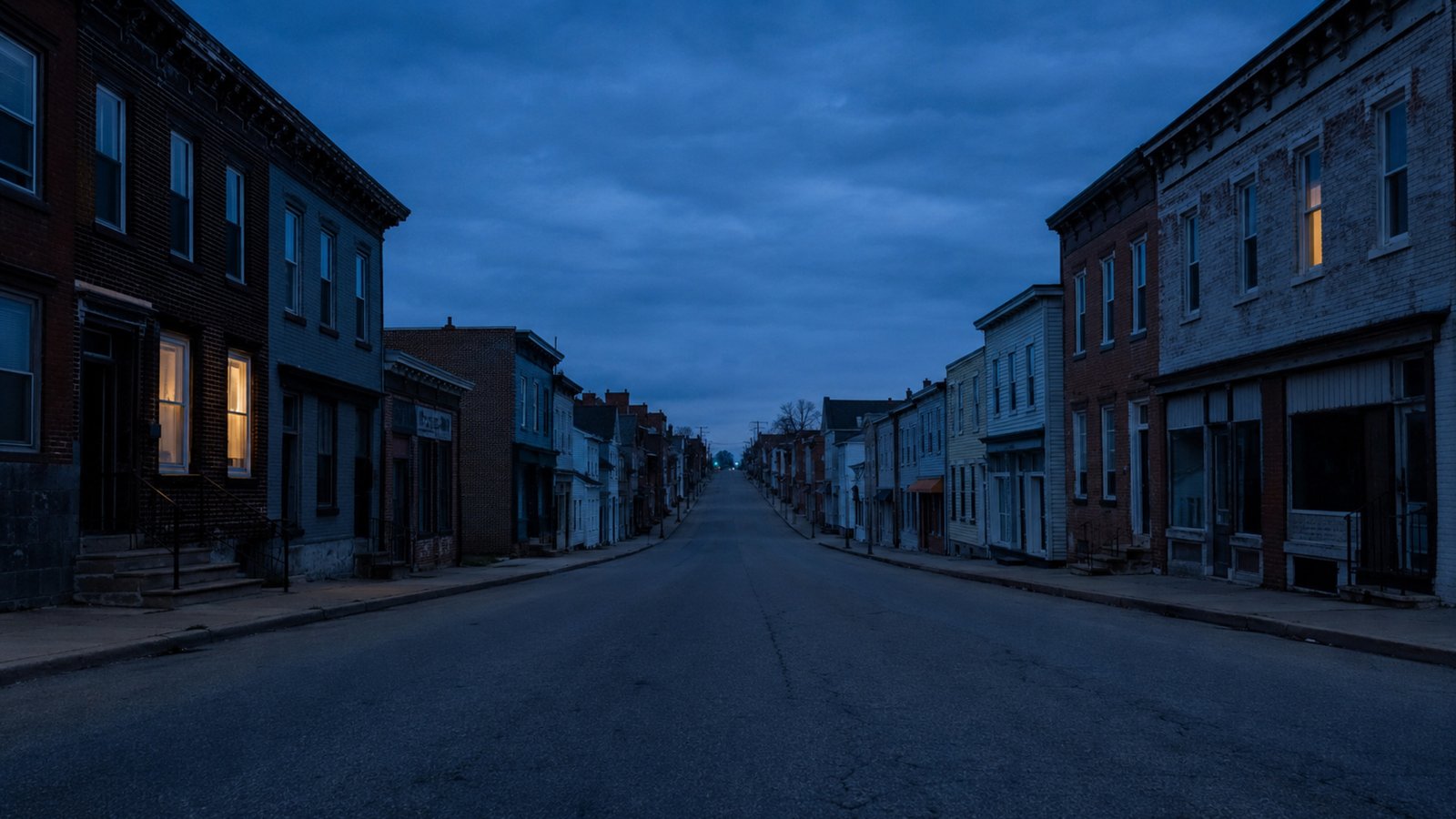 A small-town Pennsylvania main street at blue hour