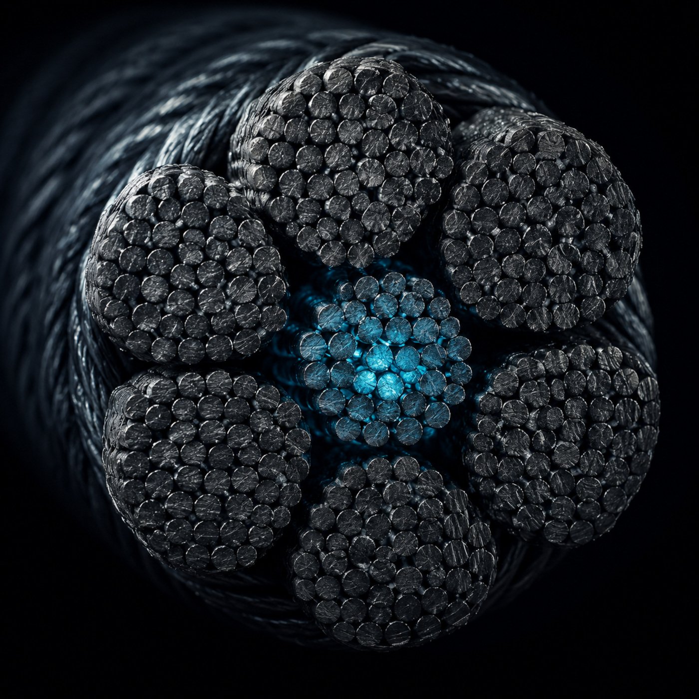 A steel wire rope cross-section showing dozens of individual wires twisted into strands