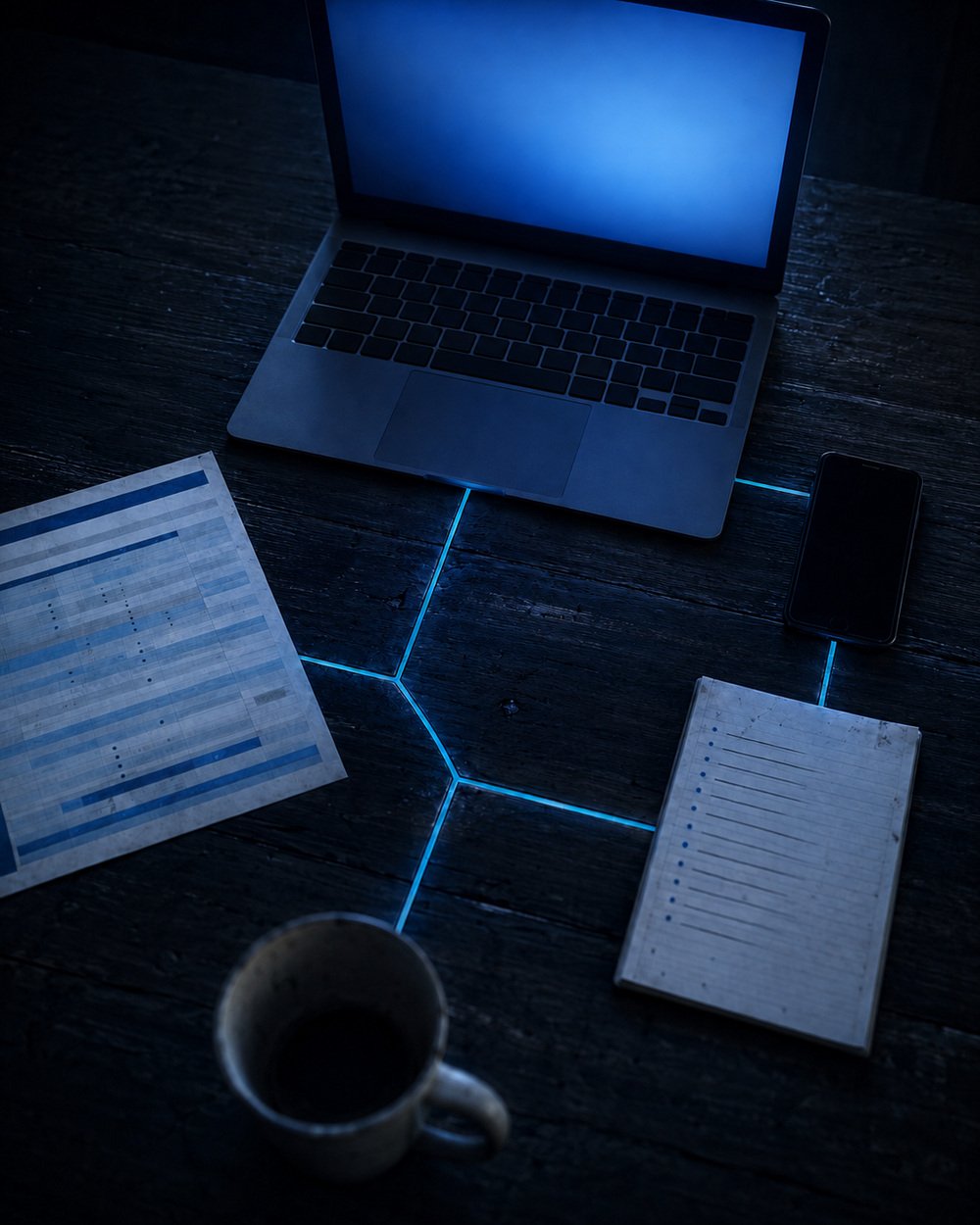 A small business owner's desk at night lit by a laptop screen