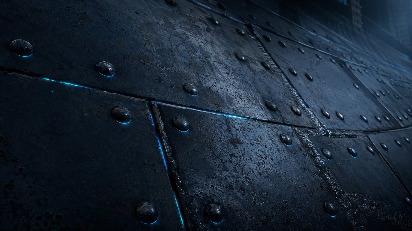 Riveted steel bridge plating with cyan traces along the seams